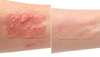 Sidebyside closeup images of an arm patch showing visible reduction in redness and irritation over weeks on a neutral white background.