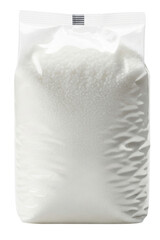 Transparent plastic bag filled with white chemical fertilizer granules isolated with transparent background