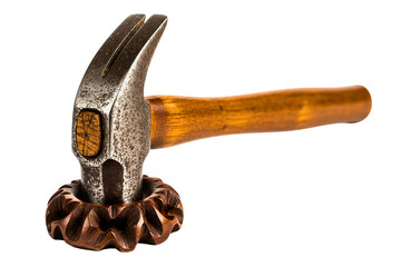 Vintage metal hammer head resting on carved wooden gear wheel sculpture isolated with transparent background