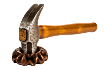 Vintage metal hammer head resting on carved wooden gear wheel sculpture isolated with transparent background