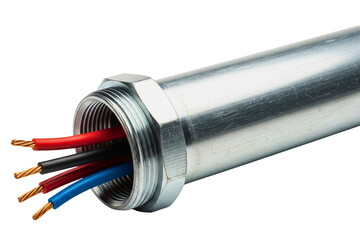 Metal electrical conduit pipe with colorful copper wiring isolated with transparent background