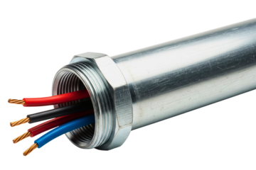 Metal electrical conduit pipe with colorful copper wiring isolated with transparent background