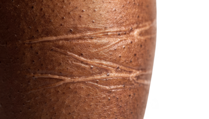 Closeup of stretch marks on dark melaninrich thigh skin highlighting unique striae texture and natural pigmentation in crisp studio lighting against a white backdrop.