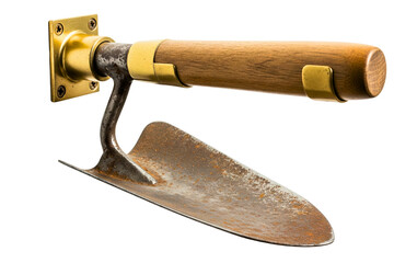 Vintage rusty garden trowel with wooden handle and brass isolated with transparent background