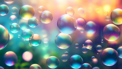 a vibrant abstract background featuring numerous transparent bubbles and soft bokeh lights soft gradient tones with iridescent textures and glowing highlights create a dreamy whimsical feel perf