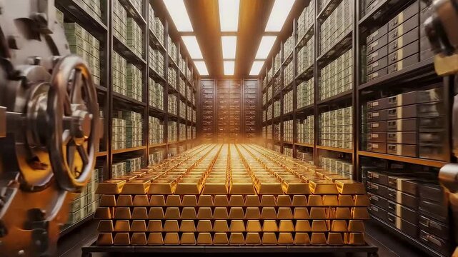 Heavy bank vault door opening to gold bars and stacked bullion, illuminated aisle of shelves, metallic wheel mechanism, secure storage environment, financial reserve imagery for investment, security
