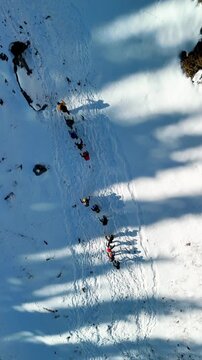 Aerial view of mountain valley with snow