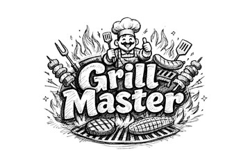 Grill master sketch featuring chef with bbq tools and flames