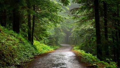 freshly rain soaked forest path invoking the earthy scent of petrichor with water droplets glistening on vibrant green leaves