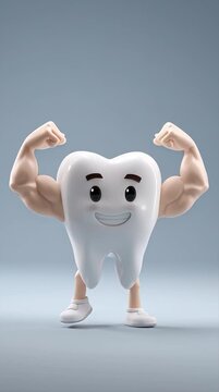 Cute Cartoon Tooth Mascot Character with Muscular Arms and Confident Smile for Dental Concept