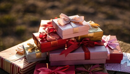 Colorful gift boxes stacked for a celebration outdoors during daylight