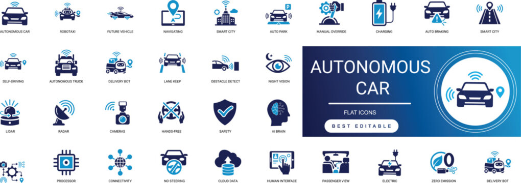 Autonomous Car Solid Icons for Self Driving Technology Smart Transport featuring Electric Vehicle Sensor Navigation Automation Future Professional Vector Set Editable
