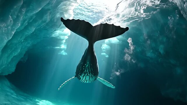 Humpback Whale Swimming Underwater in Ocean Cave.