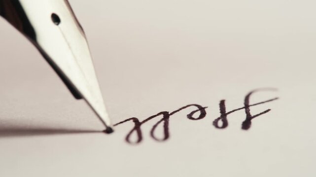 Fountain pen write letter, document sign on an antique handwritten letter. Vintage nib pen and handwritten english cursive style font copperplate, spencerian. Old history background. Retro style.