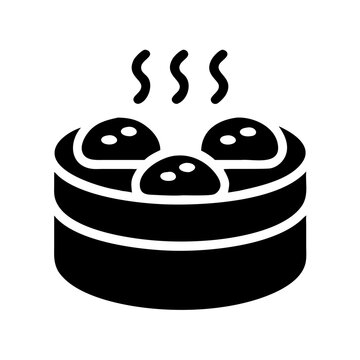 Steaming Dim Sum Dumplings in Bamboo Steamer Basket, Traditional Asian Food Icon, Simple Black and White Vector