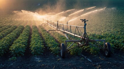 Agricultural Irrigation System Watering Green Crops at Sunset