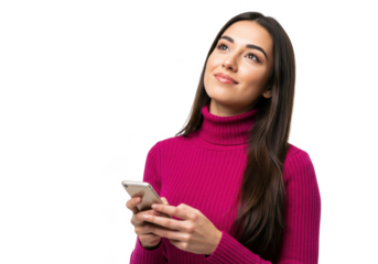 Young woman holding a smartphone and looking up thoughtfully isolated on transparent background