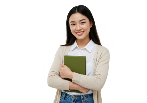 Smiling young woman with long dark hair holding a green book and wearing glasses transparent background - Powered by Adobe