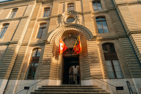 entrance to the palais de justice in the place du bourg de four geneva switzerland - 1 oct 2025