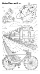 Fototapeta premium Line drawing of travel themed objects: globe, plane ticket, train, bike, showing global connections, exploration, adventure and different ways to travel