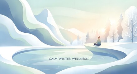 Obraz premium Person meditating in lotus pose amidst snowy mountains and frozen water for a winter wellness concept and tranquil escape
