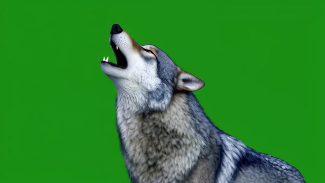 Grey Wolf Howling Against a Solid Green Screen Background