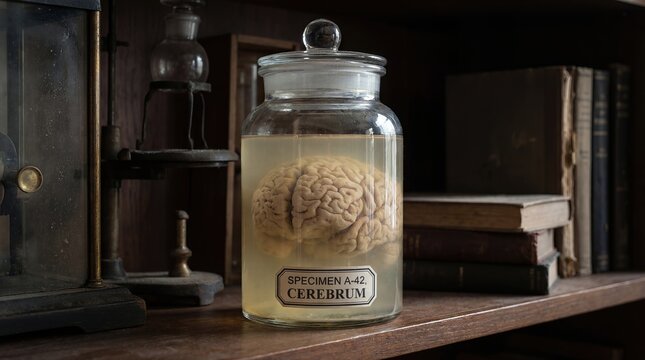 Specimen A 42 Cerebrum Preserved Human Brain In Glass Jar On Vintage Shelf