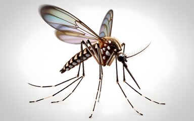 Macro 3D Illustration of a Mosquito with Iridescent Wings and Striped Body on a Bright Background