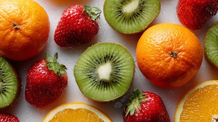 Fresh fruit assortment with strawberries, kiwis, and oranges arranged on a white background