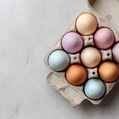 Decorative eggs in carton showing pastel colors placed on a light surface for celebration occasion