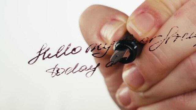 Fountain pen write letter, document sign on an antique handwritten letter. Vintage nib pen and handwritten english cursive style font copperplate, spencerian. Old history background. Retro style.