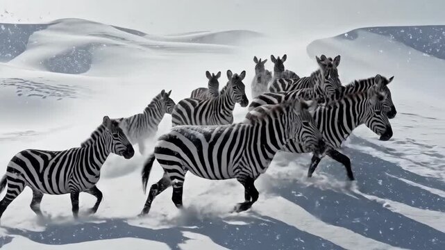 Herd of Zebras Running in Snowy Landscape.
