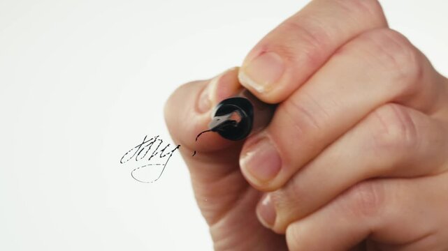 Fountain pen write letter, document sign on an antique handwritten letter. Vintage nib pen and handwritten english cursive style font copperplate, spencerian. Old history background. Retro style.