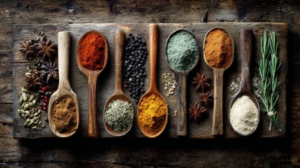 Variety of spices and herbs arranged in wooden spoons on a dark wooden surface