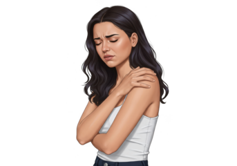 Woman holding shoulder in pain isolated on transparent background