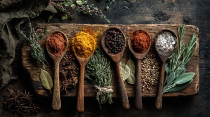 Different spices and herbs arranged in wooden spoons on a dark wooden board with a rustic background in a kitchen setting