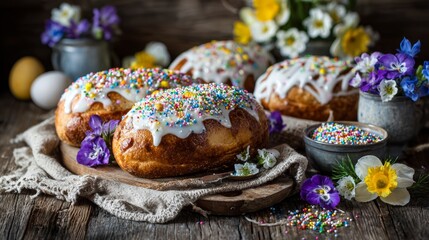 Freshly baked sweet bread with icing and colorful sprinkles surrounded by flowers and decorations for a festive occasion
