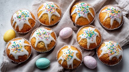 Freshly baked cupcakes with colorful icing and sprinkles on a light cloth with Easter eggs nearby
