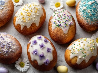 Colorful decorated cakes are arranged on a table for a spring celebration during Easter season