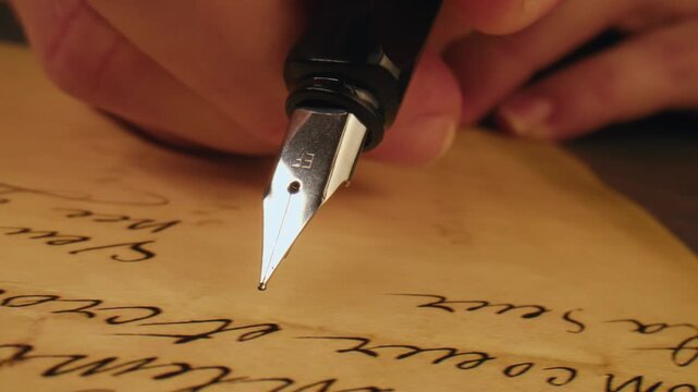 Fountain pen write letter, document sign on an antique handwritten letter. Vintage nib pen and handwritten english cursive style font copperplate, spencerian. Old history background. Retro style.