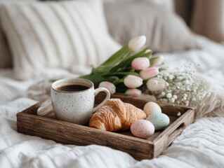 Coffee, croissant, and pastel eggs on a wooden tray with flowers in a cozy bedroom setting during morning hours