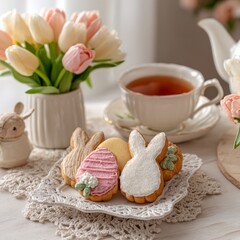 Bunny cookies with tea and flowers set on a table in a cozy setting during springtime