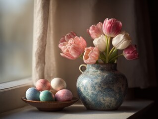 Fresh flowers and colorful eggs sit near a window during springtime