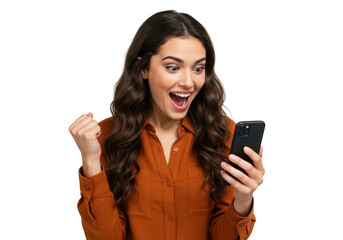 Fototapeta premium Excited young woman celebrating with phone isolated on transparent background