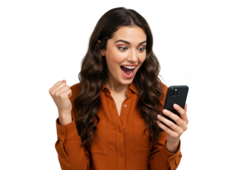 Excited young woman celebrating with phone isolated on transparent background