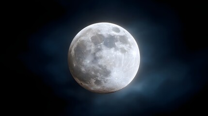 A detailed view of a full moon illuminating a dark cloudy night sky