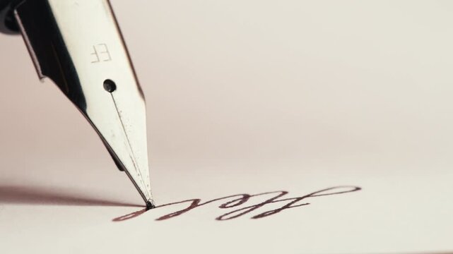 Fountain pen write letter, document sign on an antique handwritten letter. Vintage nib pen and handwritten english cursive style font copperplate, spencerian. Old history background. Retro style.