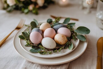Decorated eggs arranged on a plate with green leaves for an event celebration