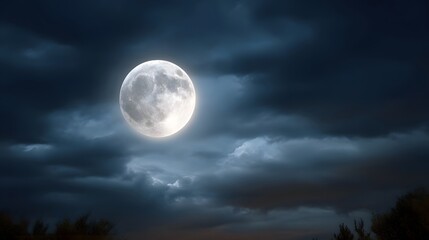 A bright full moon shines through dark dramatic clouds in a nighttime sky