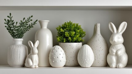 Display of white ceramic decorations with plants and decorative bunnies on a shelf in a home setting